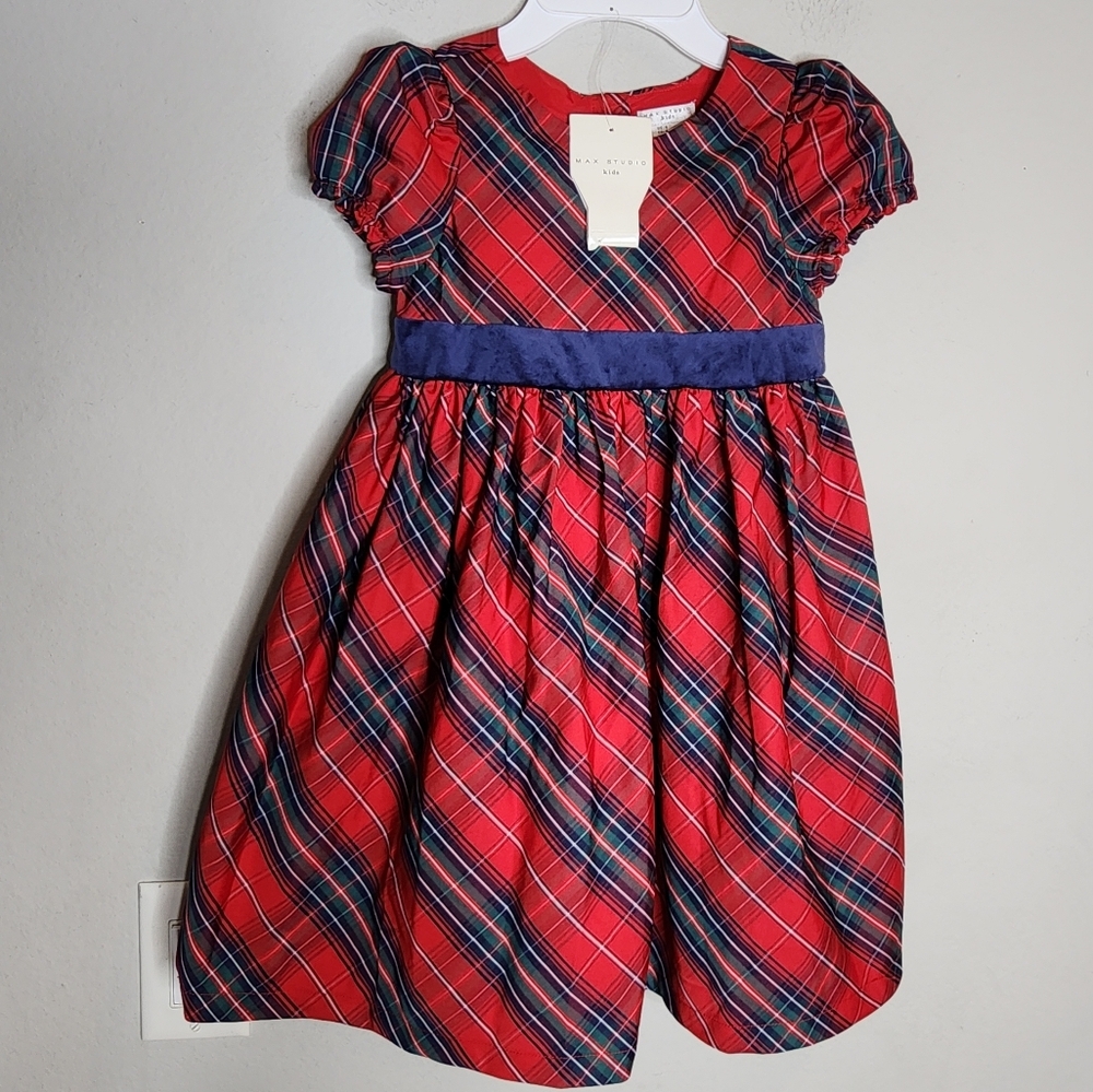 NWT Max Studio‎ Kids Red Christmas Plaid Sateen Dress Velevt Bow Size 6